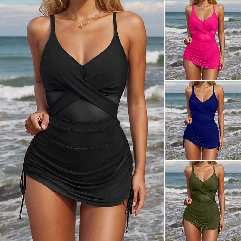 Seksowny, jednokolorowy kostium kąpielowy z siateczki