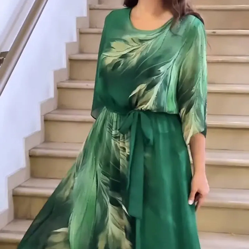 Sukienka maxi z okrągłym dekoltem i nadrukiem, z paskiem