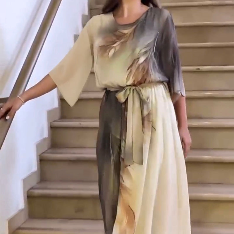 Sukienka maxi z okrągłym dekoltem i nadrukiem, z paskiem