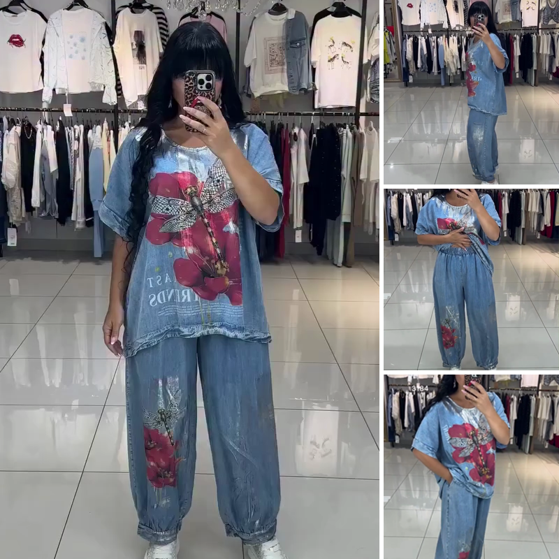 Komplet damski z nadrukiem, top i spodnie