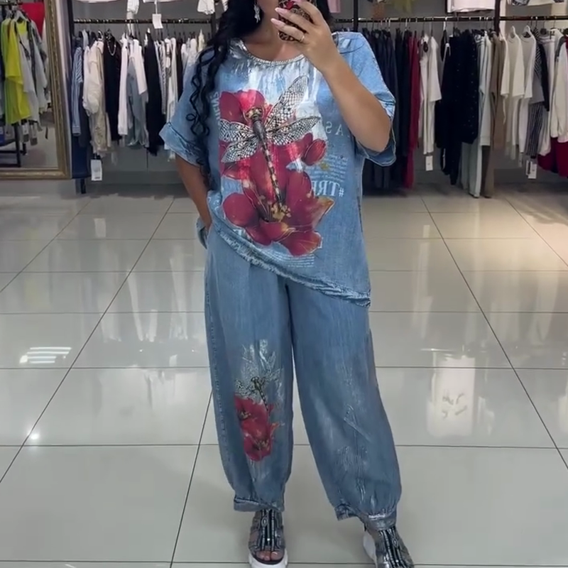 Komplet damski z nadrukiem, top i spodnie