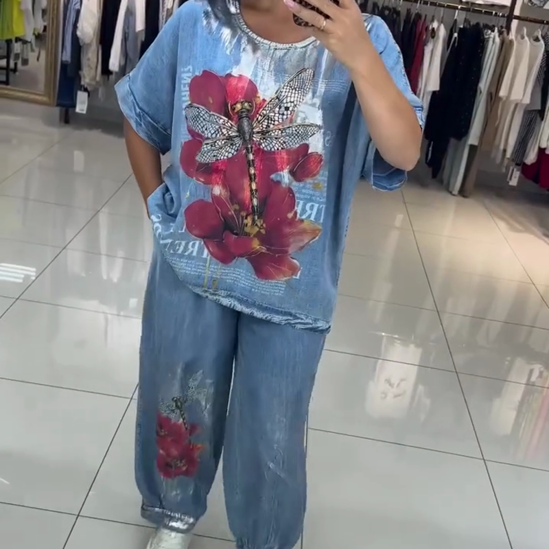 Komplet damski z nadrukiem, top i spodnie