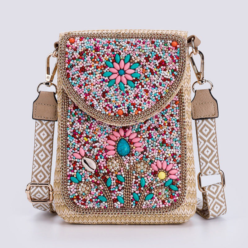 Boho Chic Mała Słomiana Torebka z Koralikami