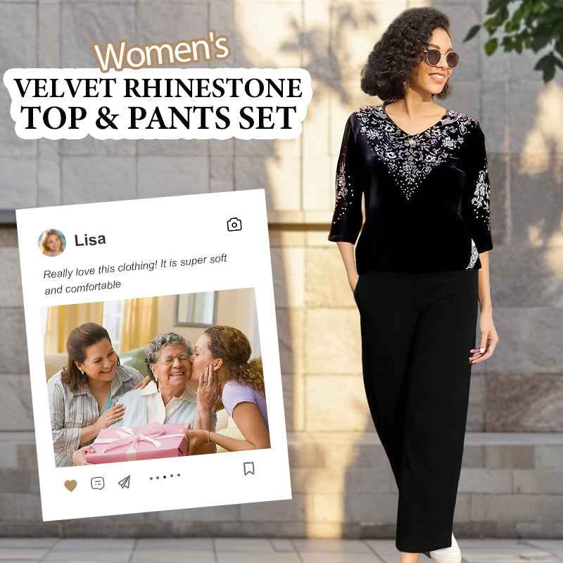 💞Komplet damski z aksamitu: top i spodnie z kryształkami