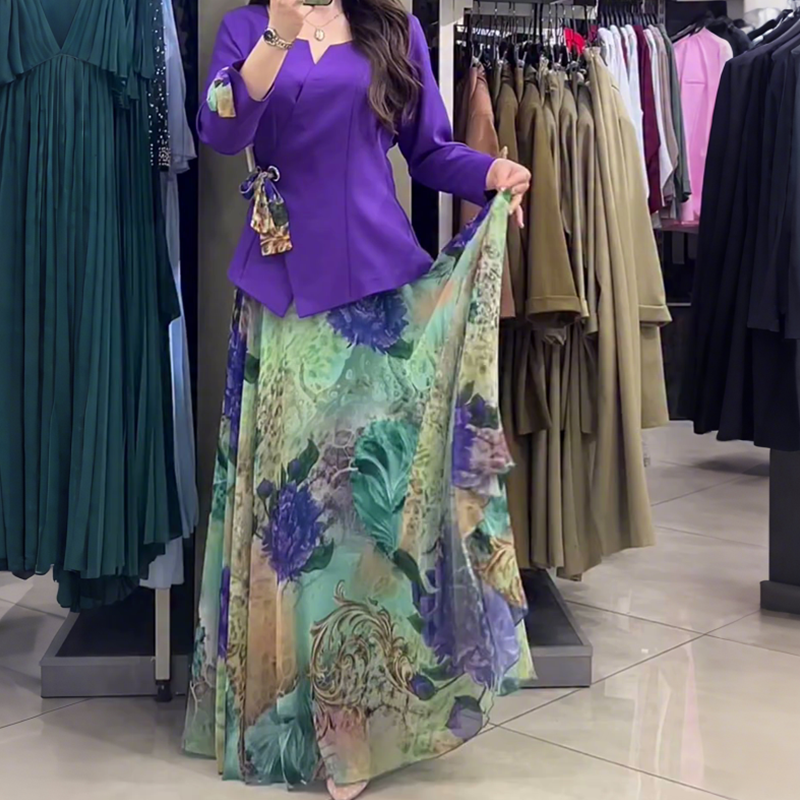 💜Elegancki top i spódnica z motywem kwiatowym, dwuczęściowy komplet